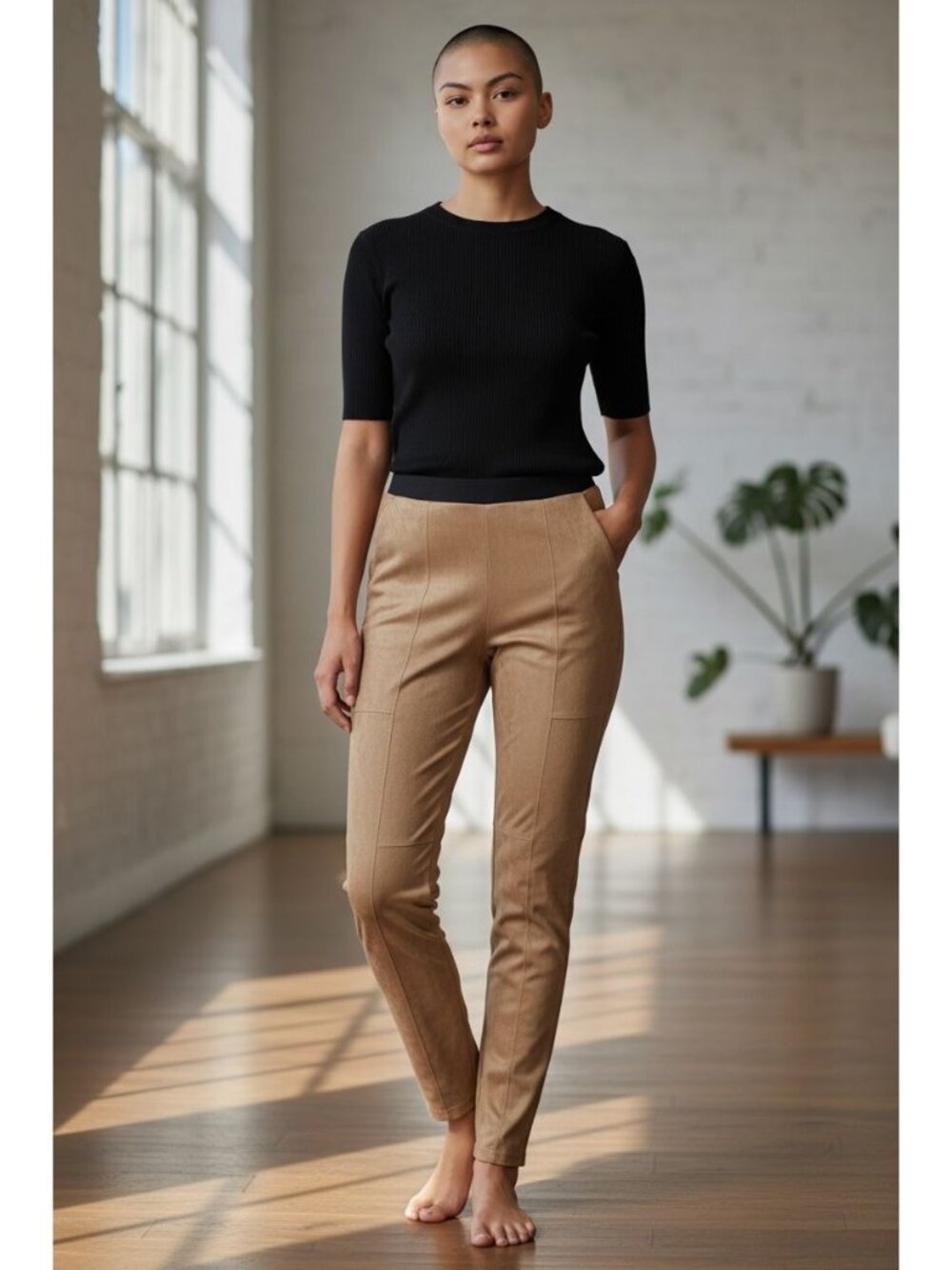 Womens Faux Suede Tan High-Waisted Pants Leggings Soft  Stretch  Worthington
